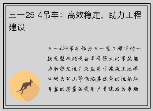 三一25 4吊车：高效稳定，助力工程建设